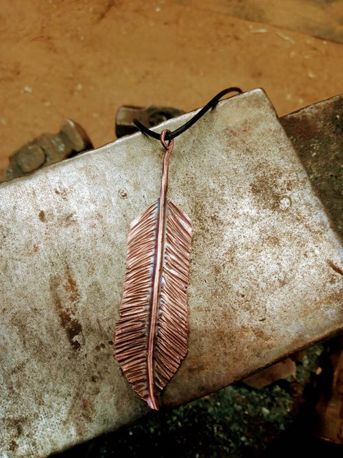Copper feather pendant necklace