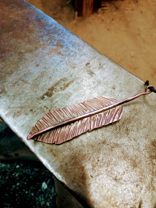 Copper feather pendant necklace